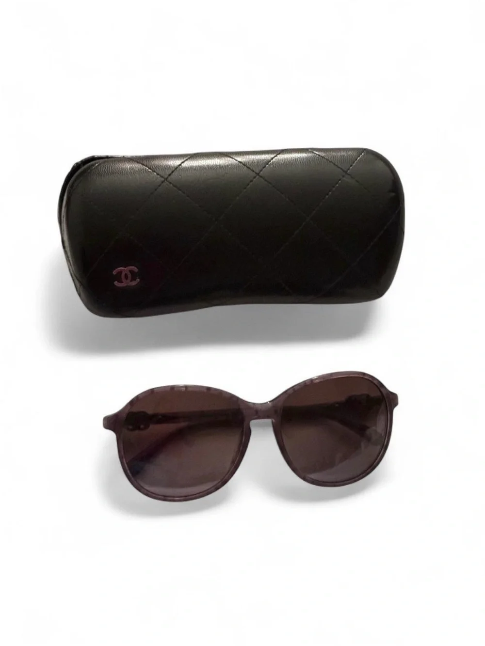 CHANEL Black Quilted Case with Dark Brown Gradient Round Sunglasses